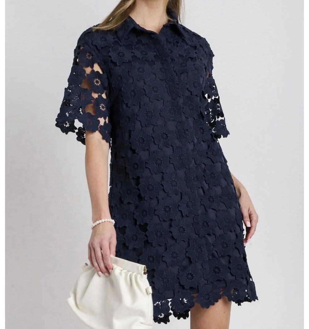 Umgee Floral Lace Shirt Dress Size S Navy Blue Button Up Lined Cottage Preppy